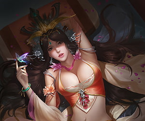 Elegant Fantasy Woman in Red and Gold Attire with Glowing Butterfly HD wallpaper