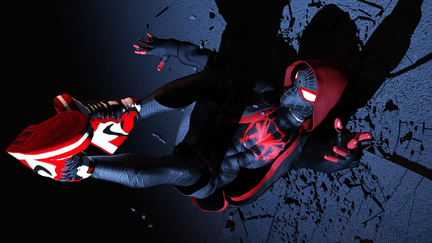 Miles Morales Spider-Man in Red Hoodie and Nike Sneakers on Dark Shattered Ground HD wallpaper