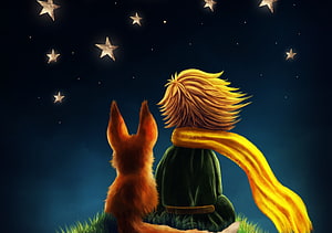 The Little Prince and the Fox Gazing at a Starry Night Sky HD wallpaper