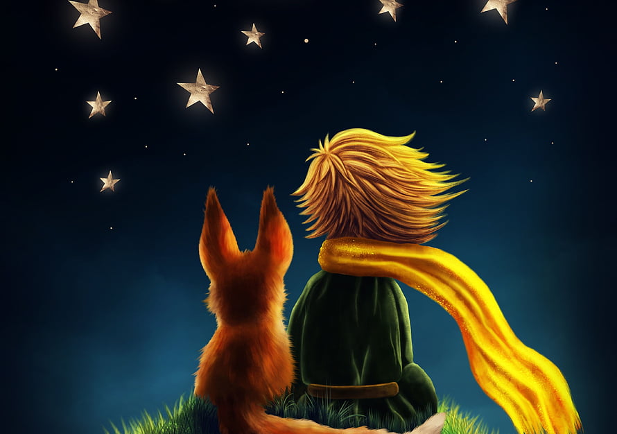 The Little Prince and the Fox Gazing at a Starry Night Sky HD wallpaper