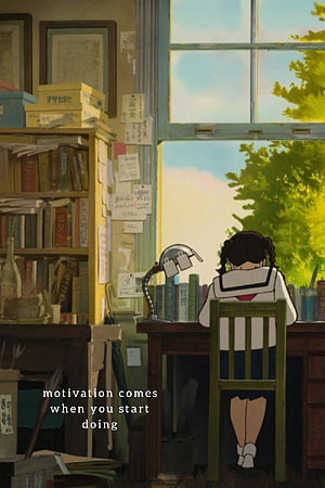 Studio Ghibli Anime Girl Studying at Desk in Cozy Room with Bookshelves and Window View HD phone wallpaper