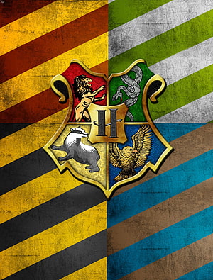 Harry Potter Hogwarts Crest Featuring All Four House Emblems on Striped Background HD phone wallpaper