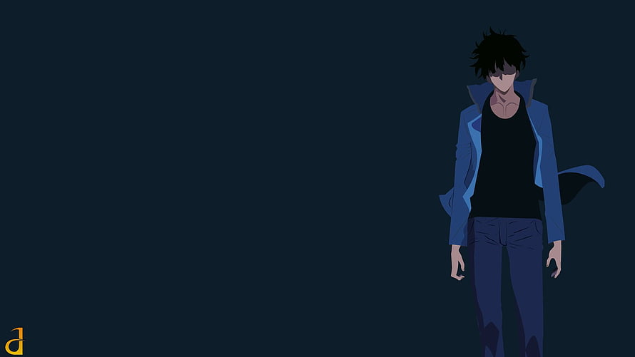 Sung Jin-Woo from Solo Leveling in a blue jacket against a dark background HD wallpaper