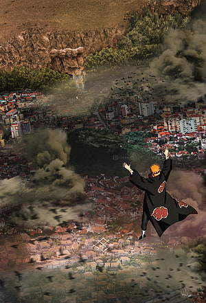 Nagato Pain from Naruto Shippuden unleashing Shinra Tensei over a cityscape HD phone wallpaper