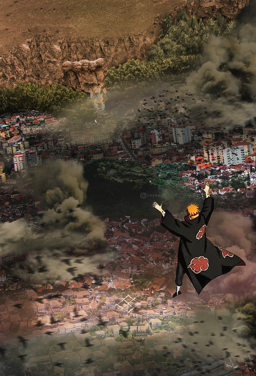 Nagato Pain from Naruto Shippuden unleashing Shinra Tensei over a cityscape HD phone wallpaper