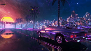 Retro Futuristic Sports Car on Neon Highway with Synthwave Mountains and Sunset Sky HD wallpaper