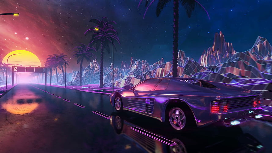 Retro Futuristic Sports Car on Neon Highway with Synthwave Mountains and Sunset Sky HD wallpaper