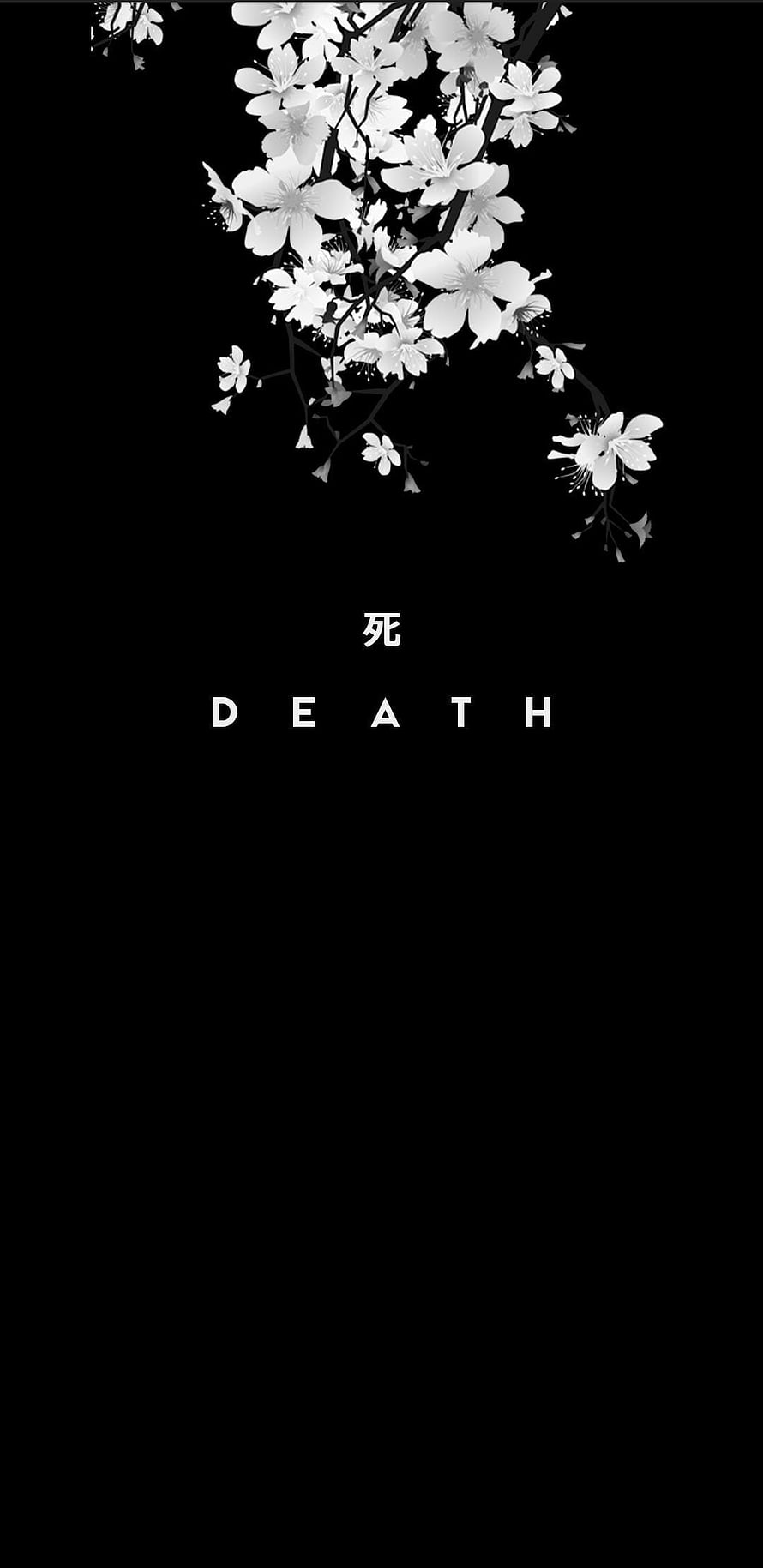 Monochrome Cherry Blossom Branch with Death Text on Black Background HD phone wallpaper