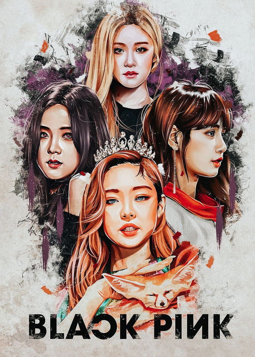 Blackpink K-Pop Group Digital Art Portrait with Fox and Crown HD phone wallpaper