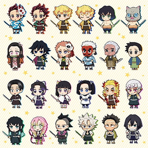 Demon Slayer Chibi Character Collection with Star Pattern Background HD phone wallpaper