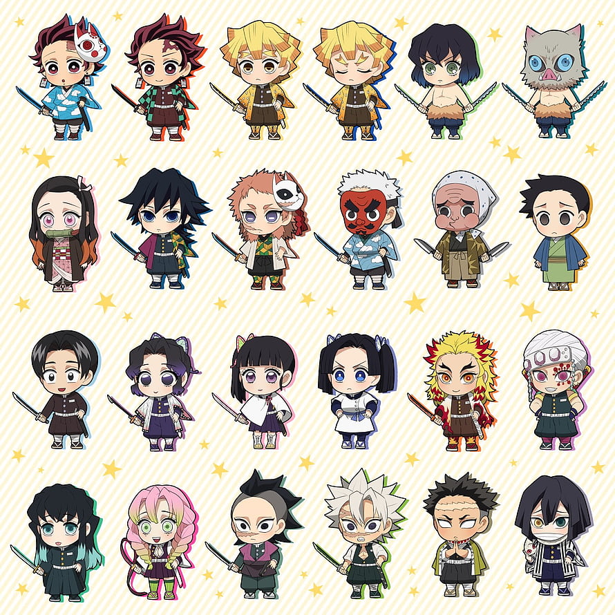 Demon Slayer Chibi Character Collection with Star Pattern Background HD phone wallpaper
