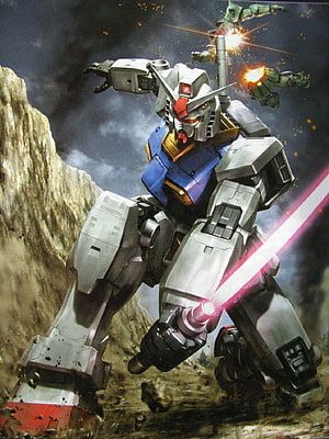 RX-78-2 Gundam wielding a beam saber in a rocky battlefield with enemy mechs under a stormy sky HD phone wallpaper