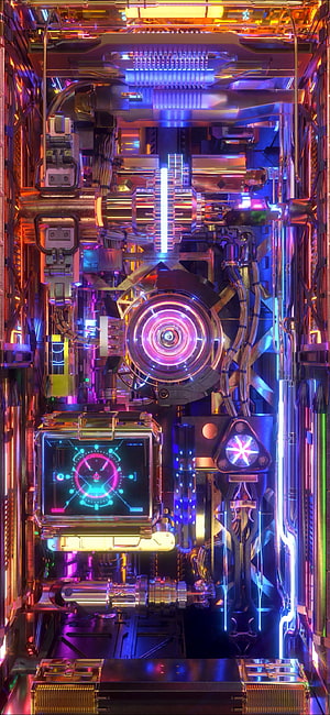 Neon Cyberpunk Sci-Fi Machine Interior with Glowing Reactor Core and Holographic Display HD phone wallpaper