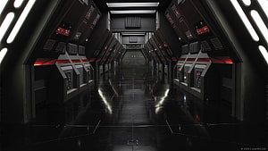 Star Wars Star Destroyer Bridge Interior with Dark Corridors and Red Accent Lighting HD wallpaper