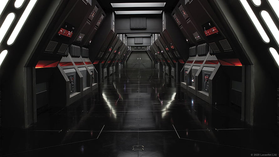Star Wars Star Destroyer Bridge Interior with Dark Corridors and Red Accent Lighting HD wallpaper