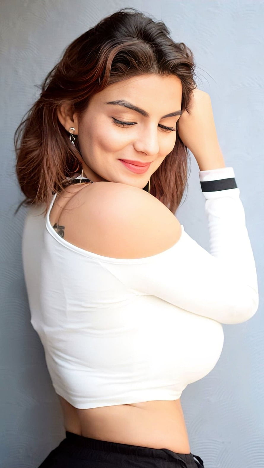 Anveshi Jain in a White Off-Shoulder Crop Top with Black Bottoms HD phone wallpaper