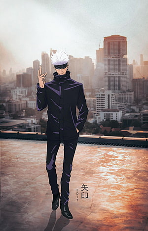 Gojo Satoru from Jujutsu Kaisen Standing on a Rooftop with a City Skyline at Sunset HD phone wallpaper