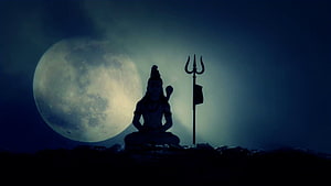 Silhouette of Lord Shiva Meditating Under a Full Moon with Trishula HD wallpaper