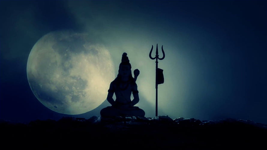 Silhouette of Lord Shiva Meditating Under a Full Moon with Trishula HD wallpaper