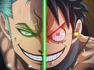One Piece Luffy Gear 5 and Zoro Split Face Anime Wallpaper HD wallpaper