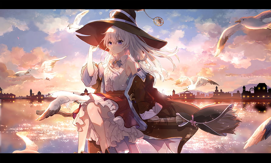 Elaina from Majo no Tabitabi Sitting on a Broomstick at Sunset with Seagulls HD wallpaper