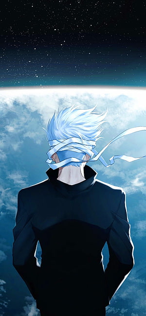 Satoru Gojo from Jujutsu Kaisen with blindfold against a starry sky and clouds HD phone wallpaper