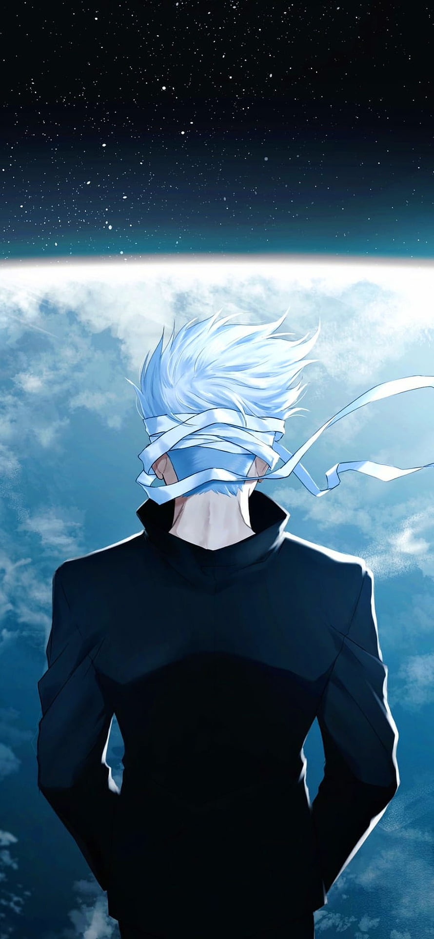 Satoru Gojo from Jujutsu Kaisen with blindfold against a starry sky and clouds HD phone wallpaper