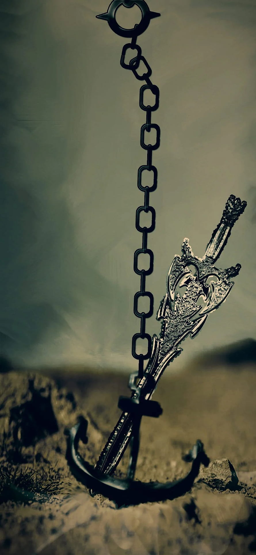 Ornate Gothic Sword Planted in Earth with Hanging Chain and Cross HD phone wallpaper