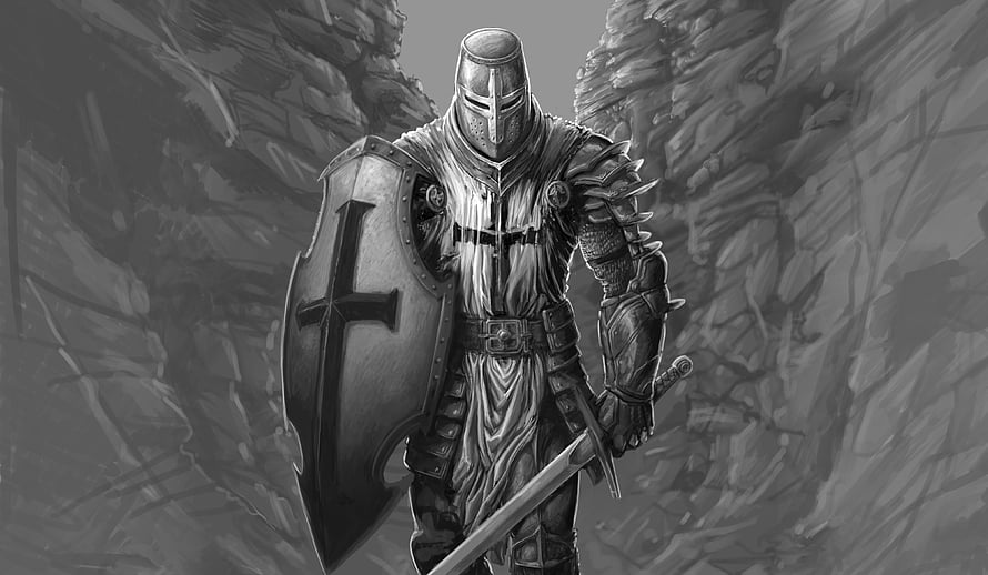 Grayscale Fantasy Knight in Full Plate Armor Holding Shield and Sword HD wallpaper