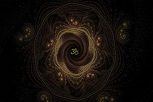 Golden Om Symbol at the Center of an Intricate Dark Fractal Spiral Pattern HD wallpaper