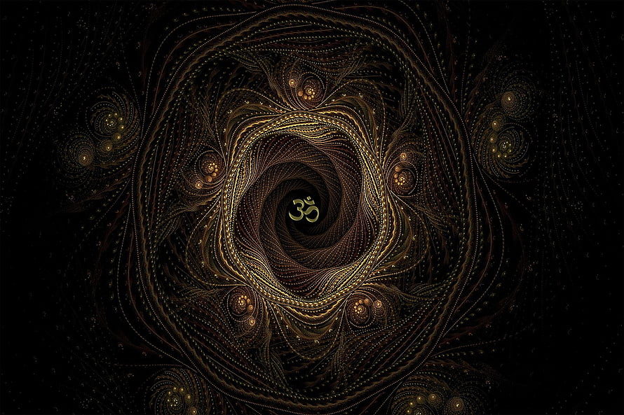 Golden Om Symbol at the Center of an Intricate Dark Fractal Spiral Pattern HD wallpaper