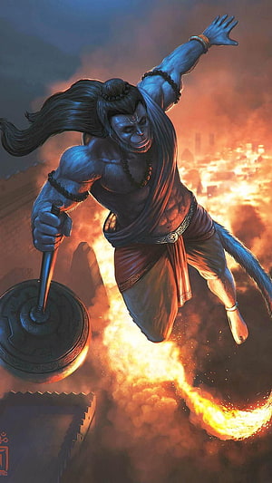 Hanuman Flying Through Fire With Mace in Mythological Fantasy Art, Hanuman, anjaneya HD phone wallpaper