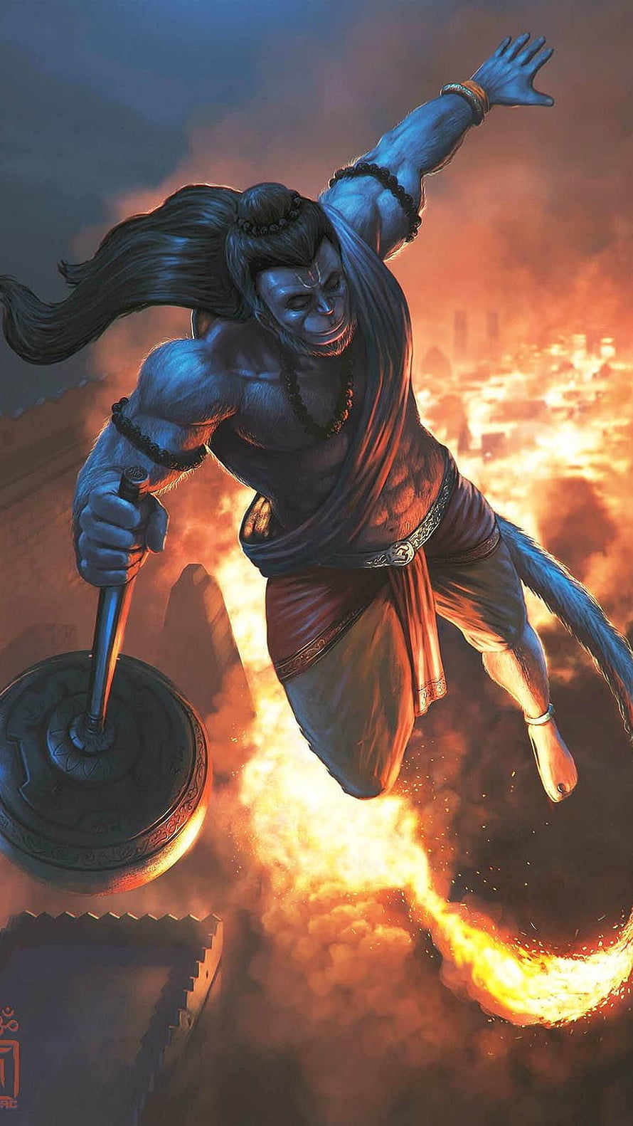 Hanuman Flying Through Fire With Mace in Mythological Fantasy Art HD phone wallpaper