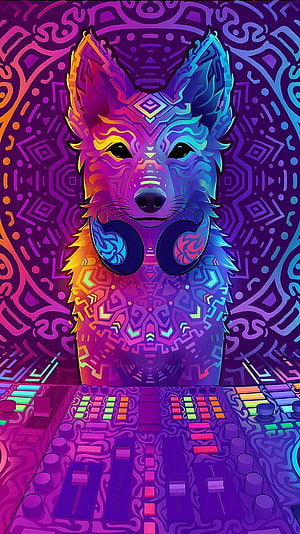 Psychedelic Wolf DJ with Headphones Behind Neon Mixing Console in Vibrant Geometric Art Style HD phone wallpaper