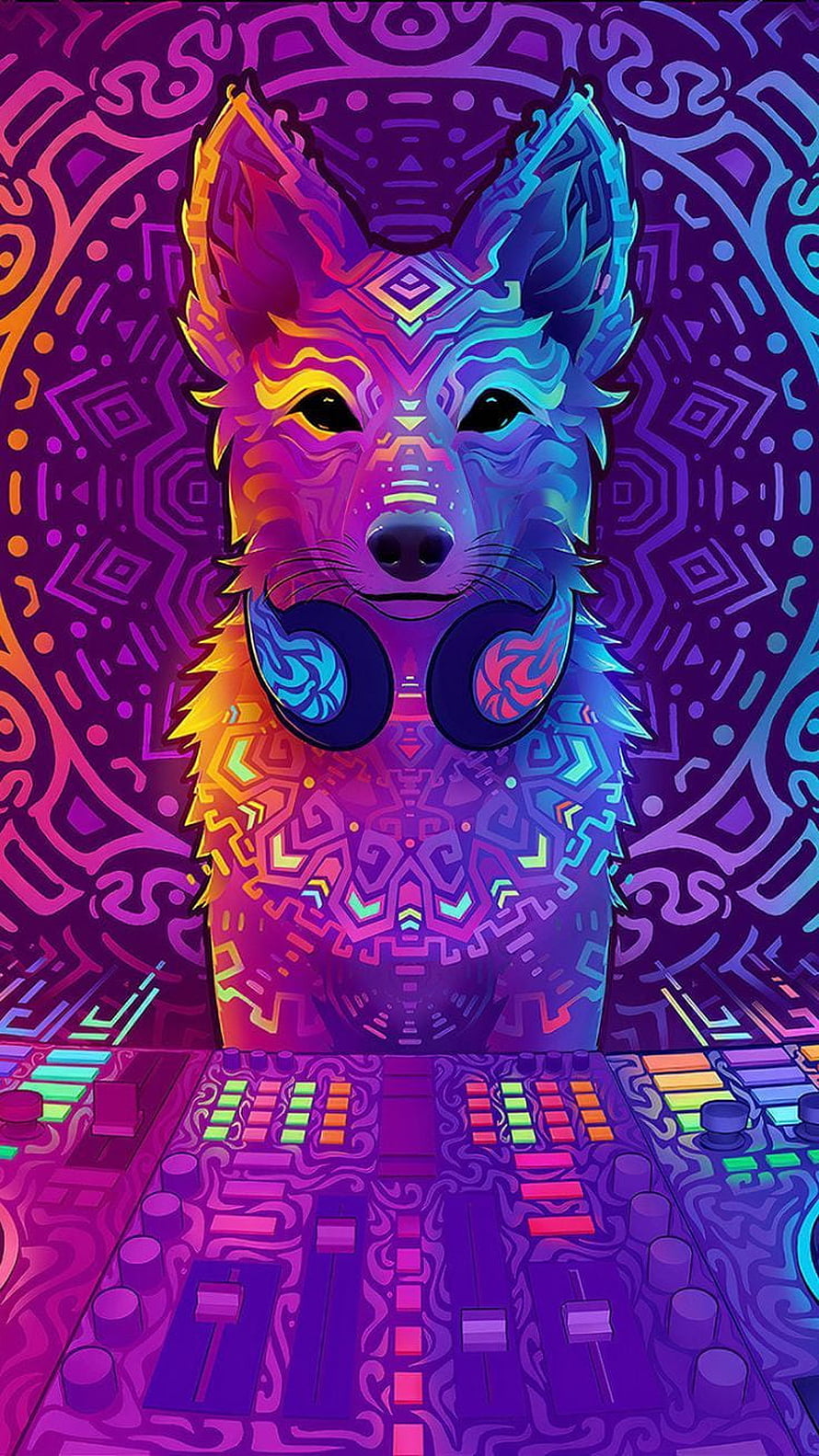 Psychedelic Wolf DJ with Headphones Behind Neon Mixing Console in Vibrant Geometric Art Style HD phone wallpaper