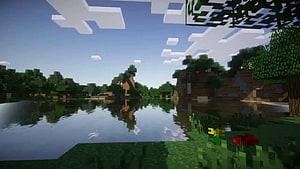 Minecraft Peaceful Lake Landscape With Blocky Trees And Water Reflections HD wallpaper