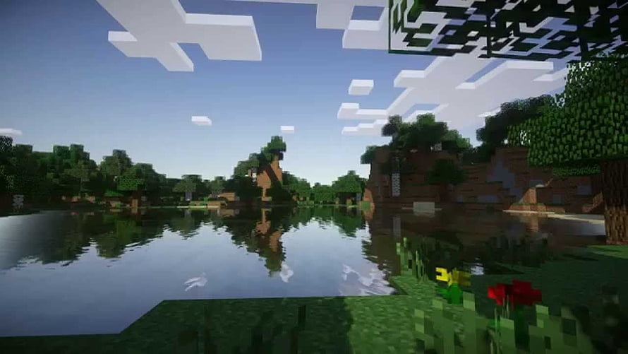 Minecraft Peaceful Lake Landscape With Blocky Trees And Water Reflections HD wallpaper