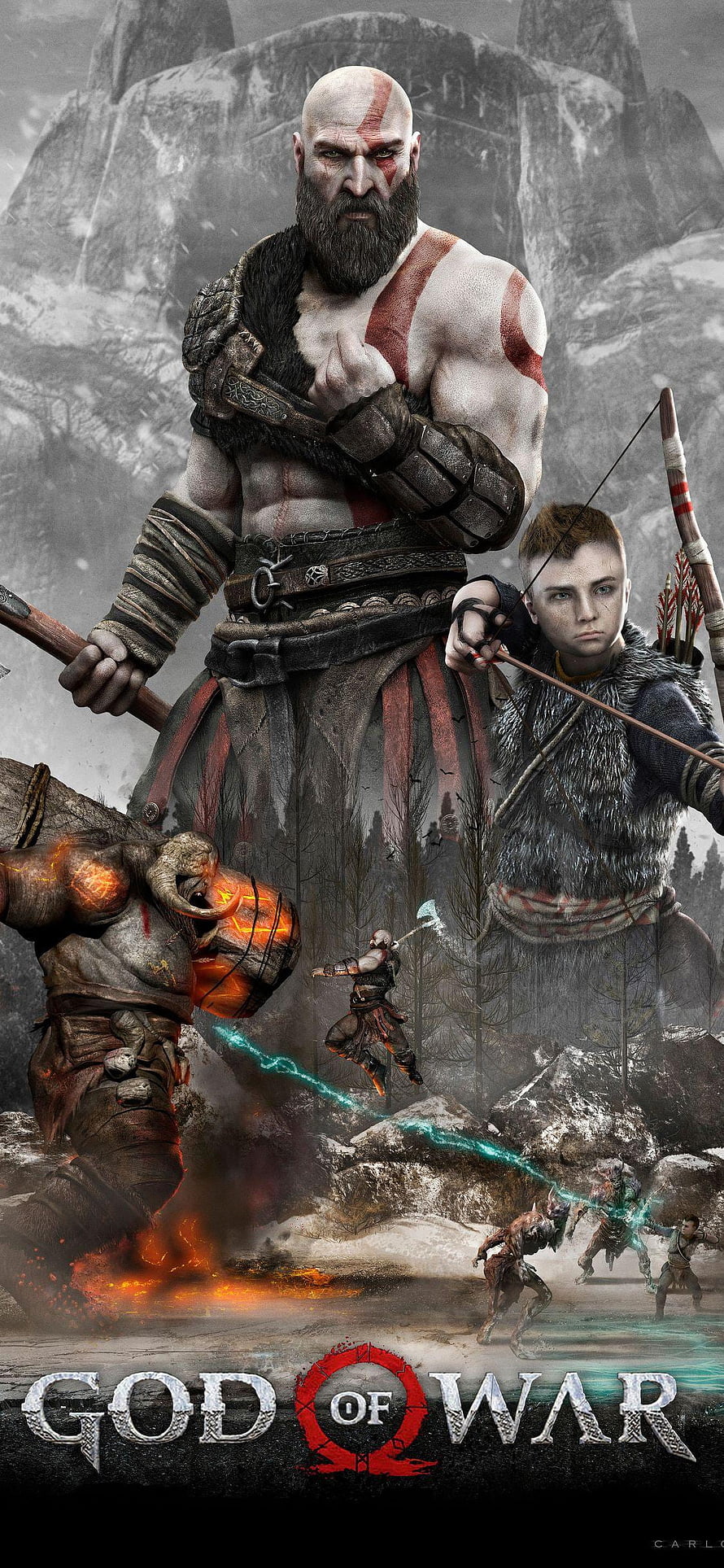 God of War Kratos and Atreus in Snowy Nordic Landscape with Leviathan Axe and Bow HD phone wallpaper