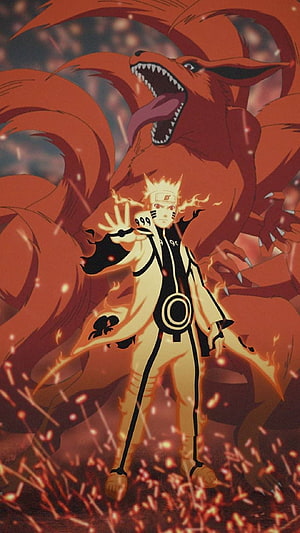 Naruto Uzumaki in Sage Mode with Nine-Tails Kurama Behind Him in Fiery Battle Scene HD phone wallpaper
