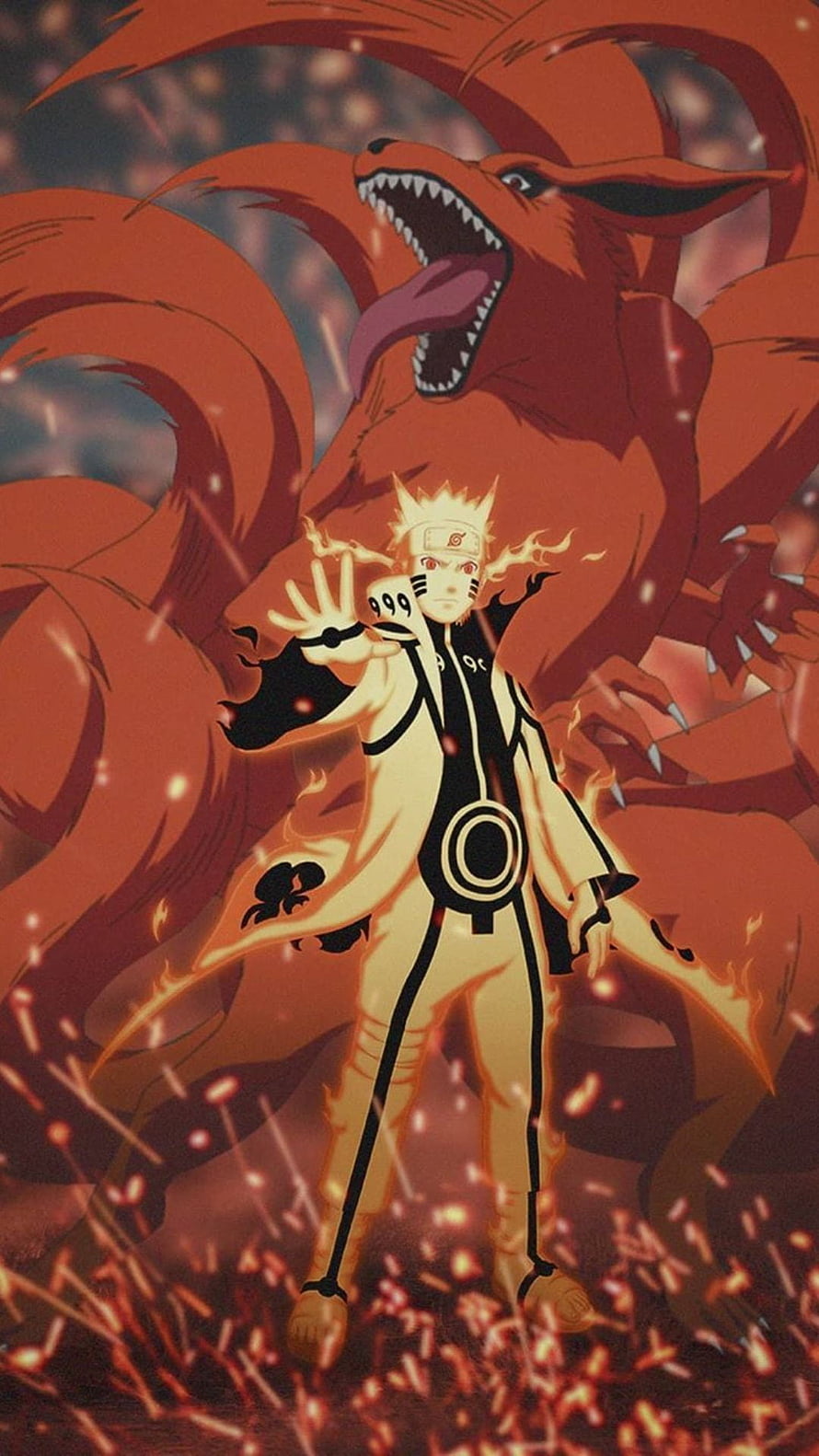 Naruto Uzumaki in Sage Mode with Nine-Tails Kurama Behind Him in Fiery Battle Scene HD phone wallpaper