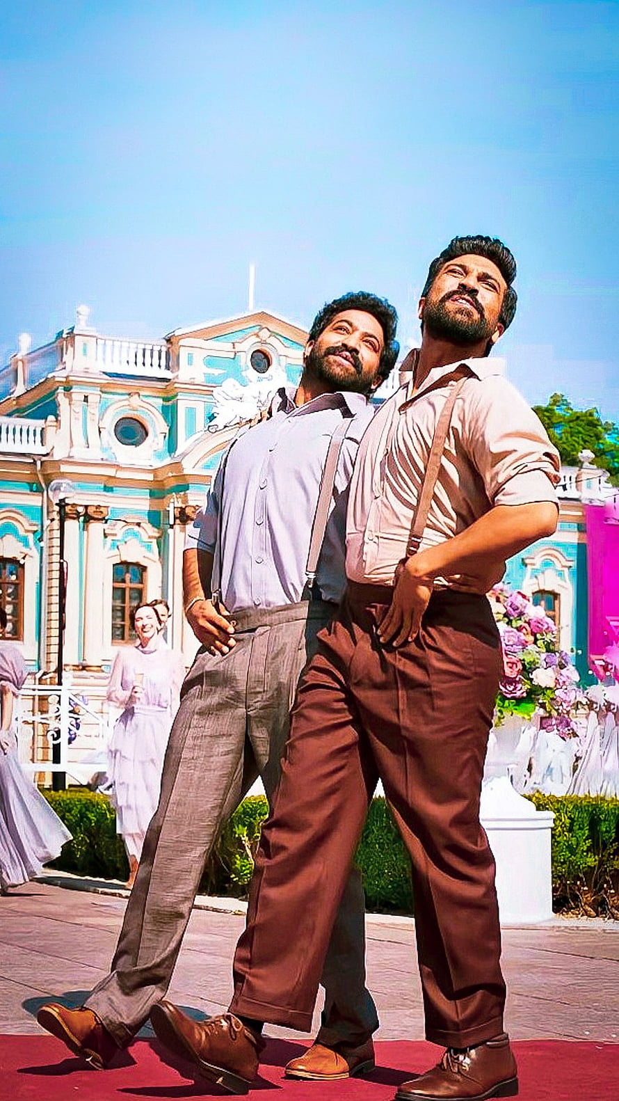 RRR Movie Still Featuring NTR and Ram Charan in Vintage Suits Walking on a Red Carpet HD phone wallpaper