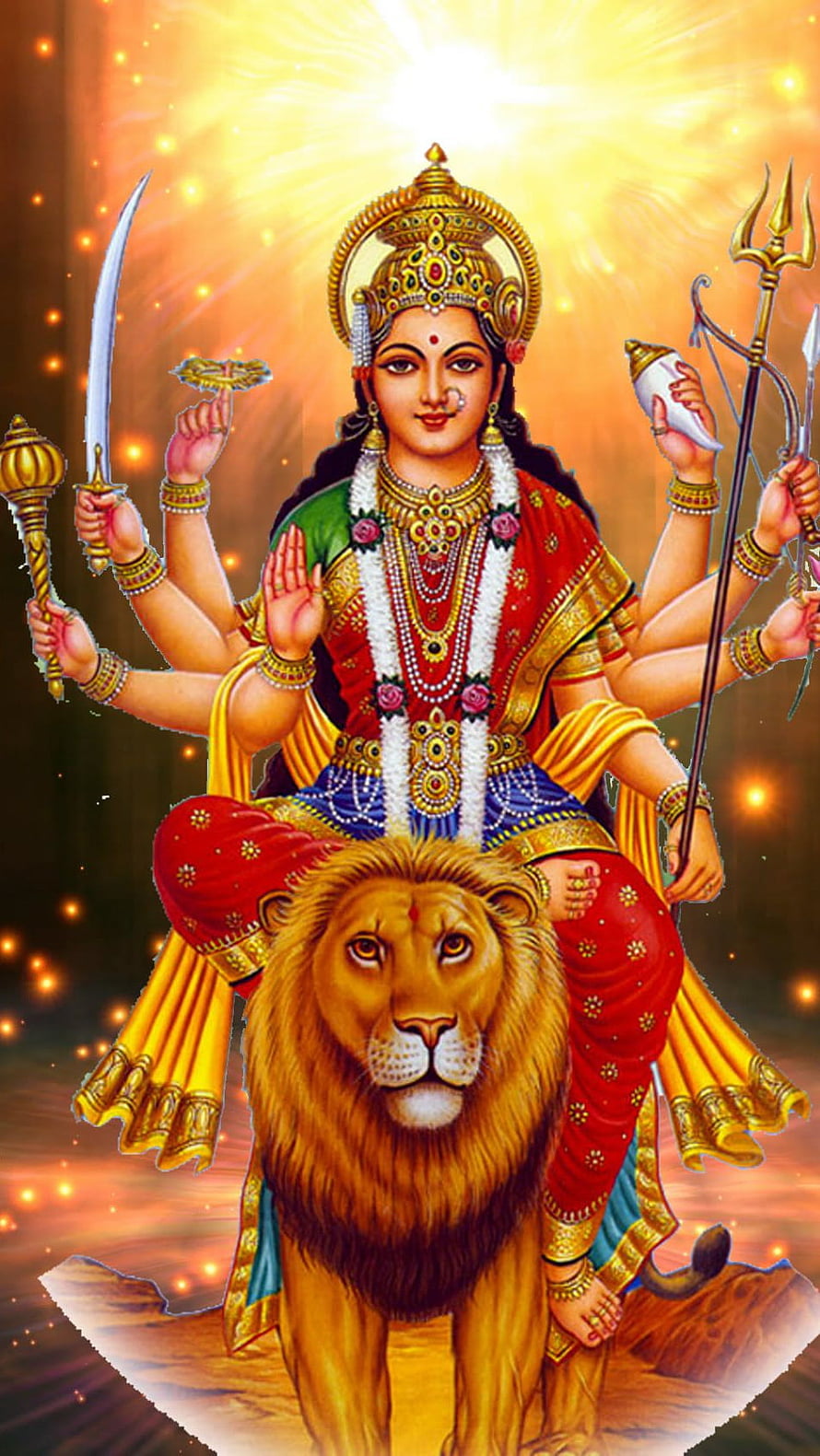 Maa Durga Riding Lion With Multiple Arms Holding Weapons And Divine Halo HD phone wallpaper