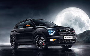 Black Hyundai Creta Knight Edition SUV Under a Giant Full Moon HD wallpaper