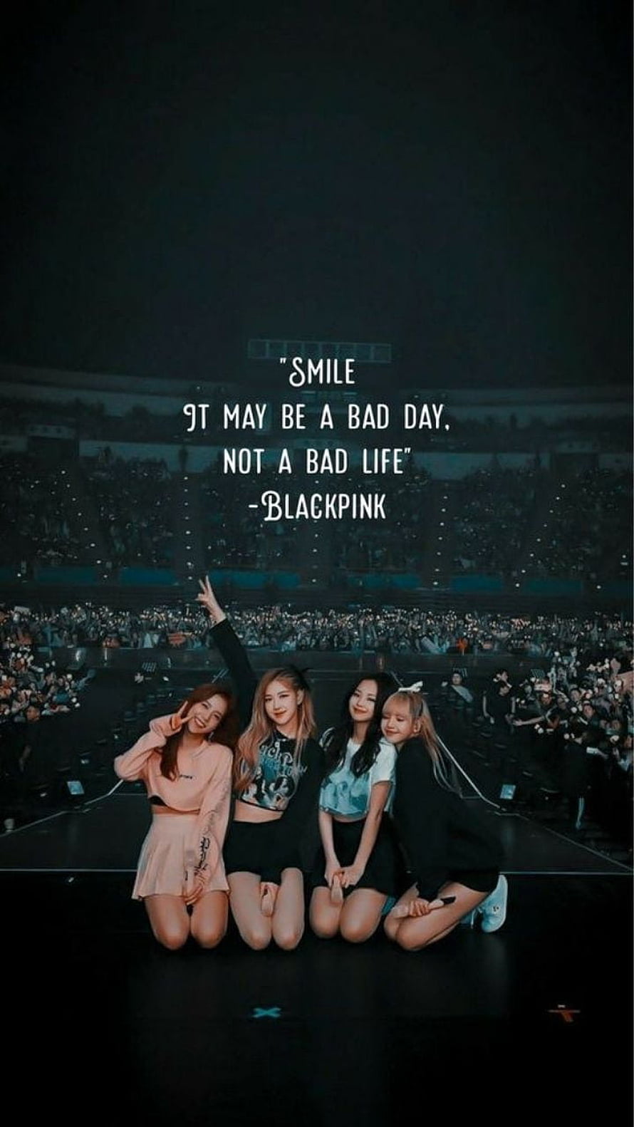 Blackpink K-Pop Group Kneeling on Stage with Stadium Crowd and Inspirational Quote HD phone wallpaper