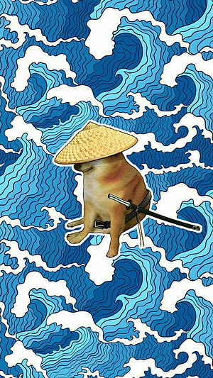 Samurai Cheems Doge Meme with Straw Hat and Katana on Blue Wave Pattern Background HD phone wallpaper