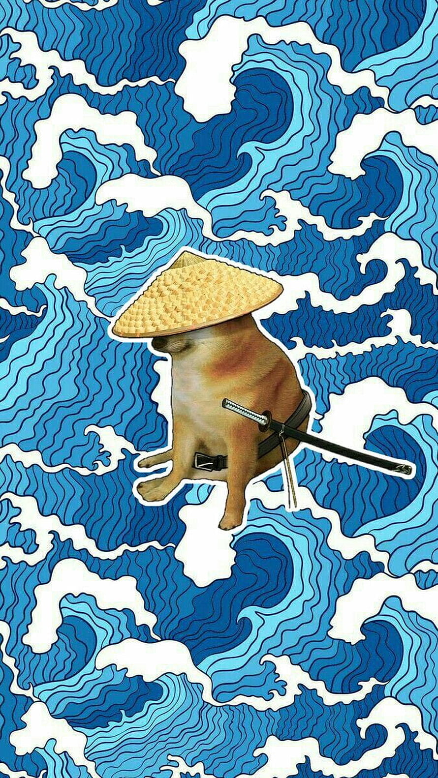 Samurai Cheems Doge Meme with Straw Hat and Katana on Blue Wave Pattern Background HD phone wallpaper