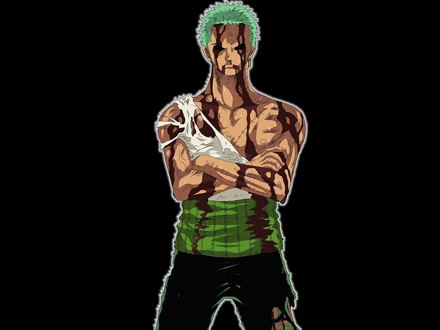 Roronoa Zoro from One Piece with green hair and bandaged arm on black background HD wallpaper