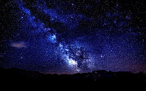 Milky Way Galaxy Arching Over Dark Mountain Silhouette at Night HD wallpaper