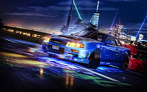 Blue Nissan Skyline R34 Drifting Through Neon-Lit City at Night HD wallpaper