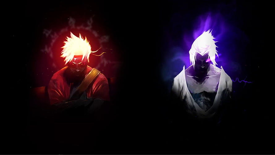 Naruto and Sasuke in Shadowed Aura with Red and Purple Energy HD wallpaper